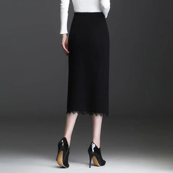 Women Knit Midi Skirt Button Decor Front Slit Lace Hem High Waist Straight Mid Length Skirt