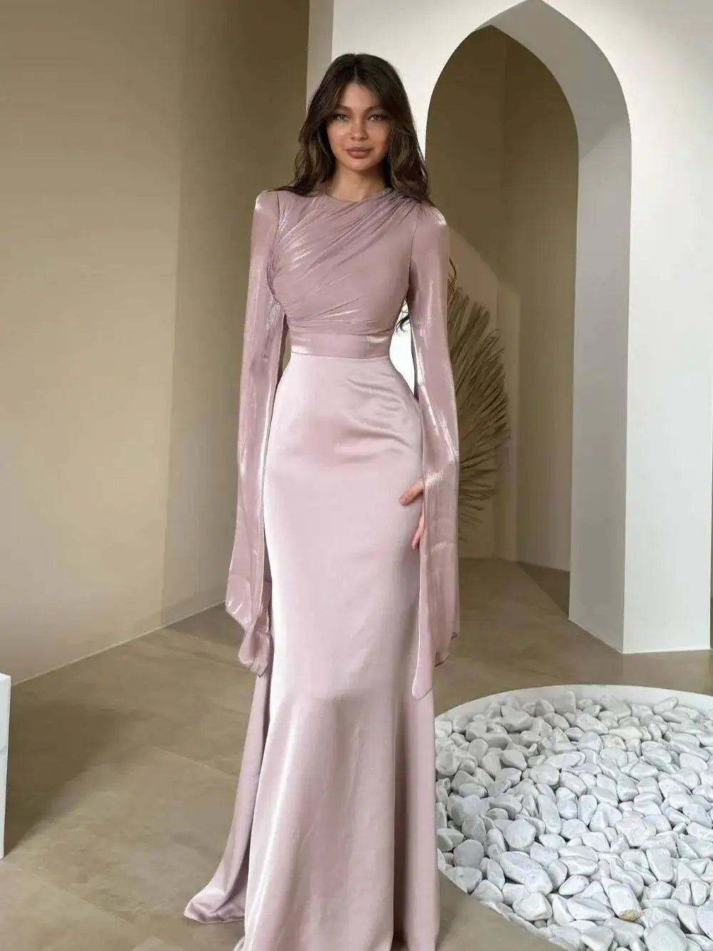 Fashion Satin Solid Maxi Dresses for Women Temperament O Neck Batwing Sleeve Slim Evening Dress Elegant High Grade Ladies Dress