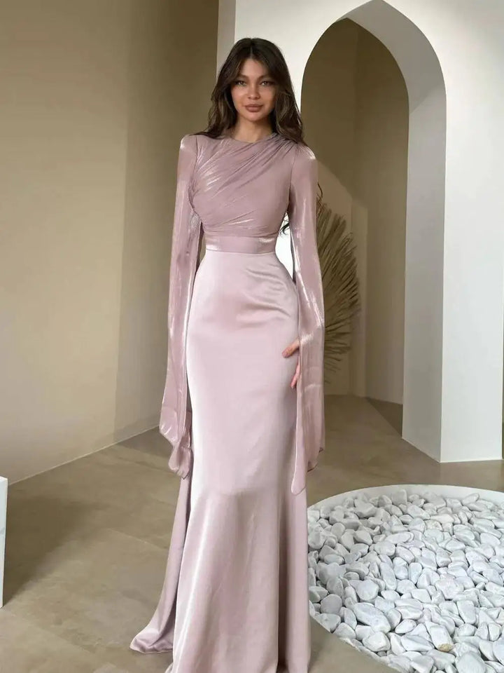 Fashion Satin Solid Maxi Dresses for Women Temperament O Neck Batwing Sleeve Slim Evening Dress Elegant High Grade Ladies Dress