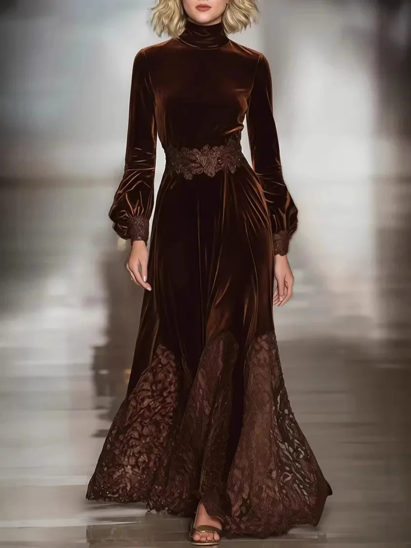 Elegant Velvet Dress for Women Spring Autumn Vintage Solid Turtleneck Lace Hem Long Dress High Waist A-line Evening Dresses