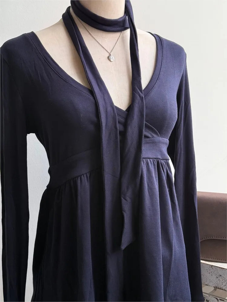 Navy V-neck Sexy Long Sleeve Tees Women Autumn New Streetwear Casual Lace-up Slim T-shirts Vintage Chic Sweet Babydoll Tops Y2K