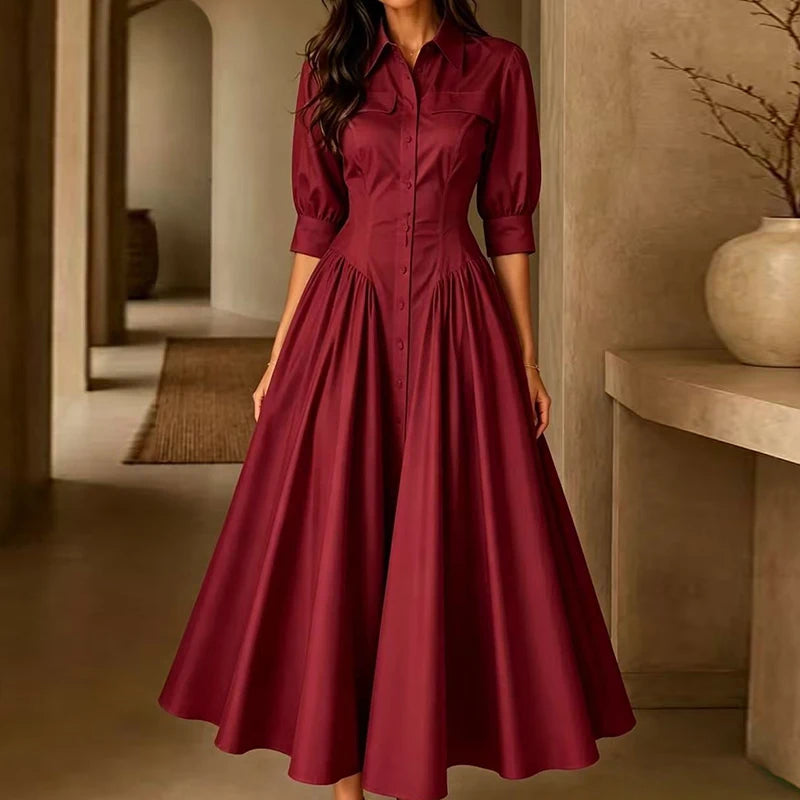 Elegant Women Solid Maxi Dress Single-Breasted Turn-Down Collar Autumn Party Dress Holiday Simple Button Patchwork Casual Dress
