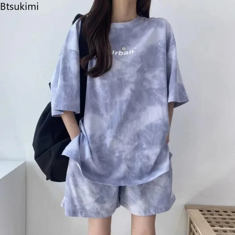Women T-Shirt Shorts Suit Set Casual Tie Dye Loose Tshirt and Wide Leg Middle Shorts with Pockets Female Soft Summer Shorts Sets
