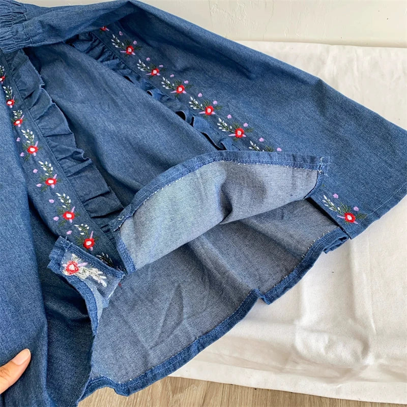 Women Denim Midi Skirt Vintage Floral Embroidery Ruffled Split A‑Line Skirt Elastic High Waist Casual Boho Long Jean Skirt