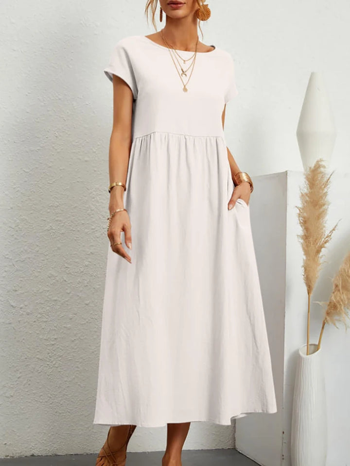 Women Elegant Solid Maxi Dress Summer Short Sleeve O Neck Vintage Harajuku Cotton Linen Loose Sundress Y2K Pockets Long Dress