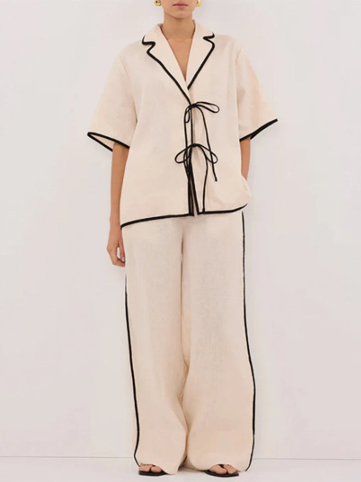 WXOY Women Linen Preppy Pjs Pajama 2 Piece Set Comfy Short Sleeve Tie Front Top Wide Leg Pants Relaxed Fit Loungewear