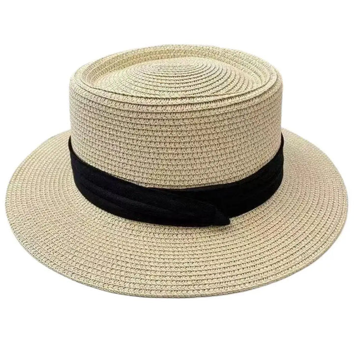 Boater Straw Hat wide brim French elegant square ribbon women&