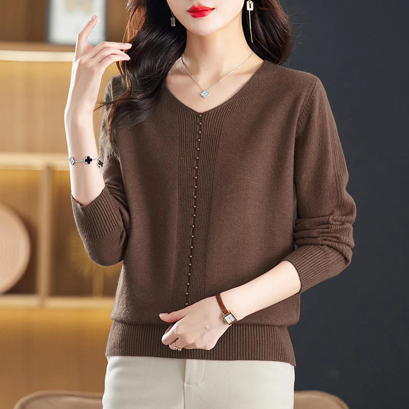 New V Neck Long Sleeve Top For Women Knitted Autumn Winter Sweater For Woman Elegant Style Knitwear Woolen Female Clothing