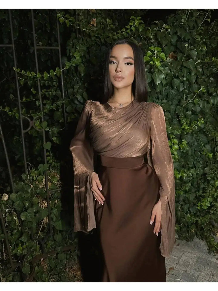 Fashion Satin Solid Maxi Dresses for Women Temperament O Neck Batwing Sleeve Slim Evening Dress Elegant High Grade Ladies Dress