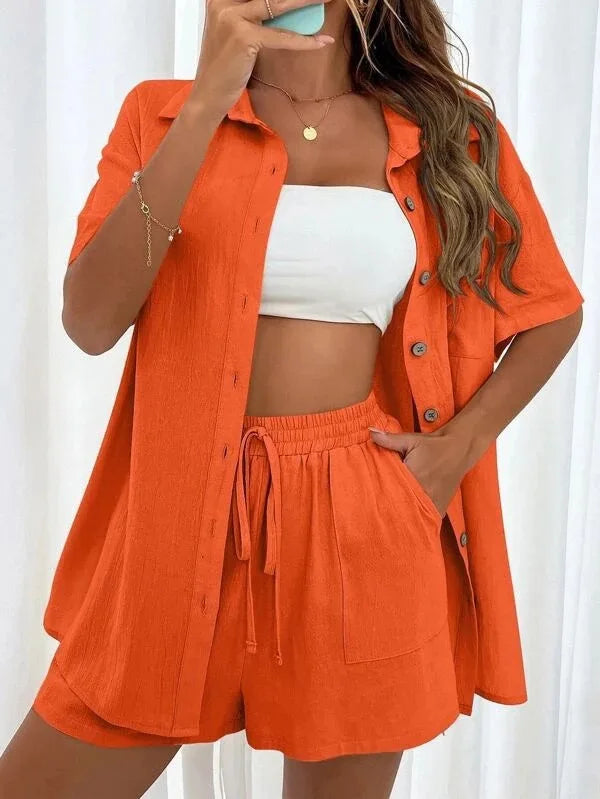 Fashion Women Shirt + Shorts Two Piece Set Solid Color Shirt Suit 2025 New Casual Loose Short Sleeve Single Breasted Women&