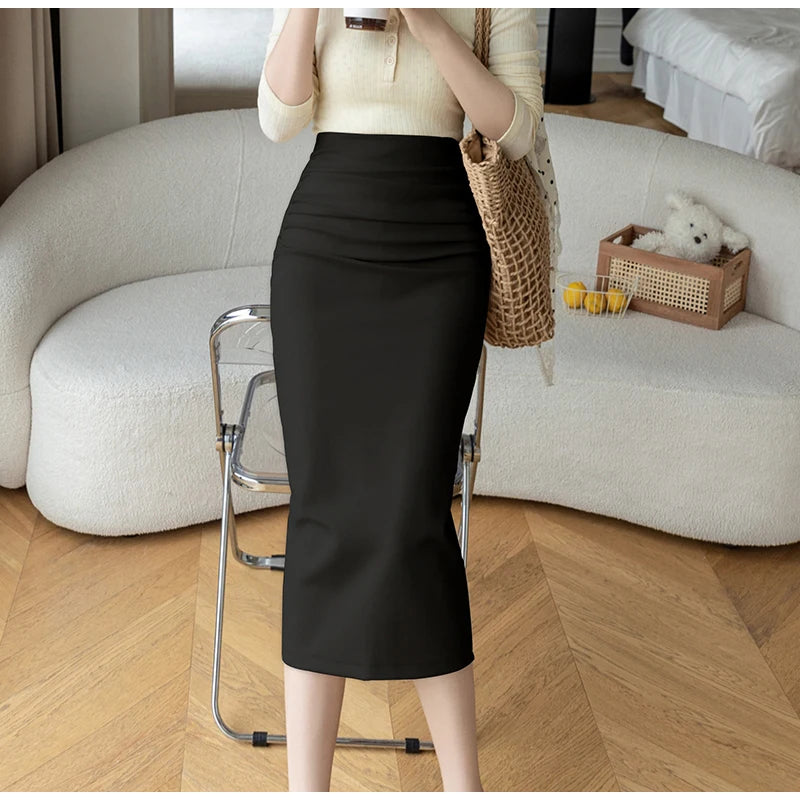Solid Color Bodycon Midi Skirt Women High Waist Slim-fit OL Style Black Skirt Korean Fashion Elegant Pencil Skirt Saias Mujer