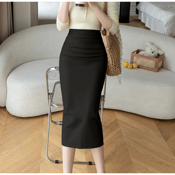 Solid Color Bodycon Midi Skirt Women High Waist Slim-fit OL Style Black Skirt Korean Fashion Elegant Pencil Skirt Saias Mujer