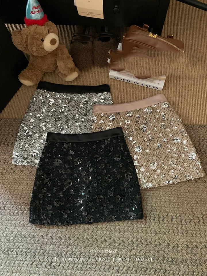 Sequined midi skirt for women in spring high waisted A-line skirt high-end design niche temperament hip hugging short skirt