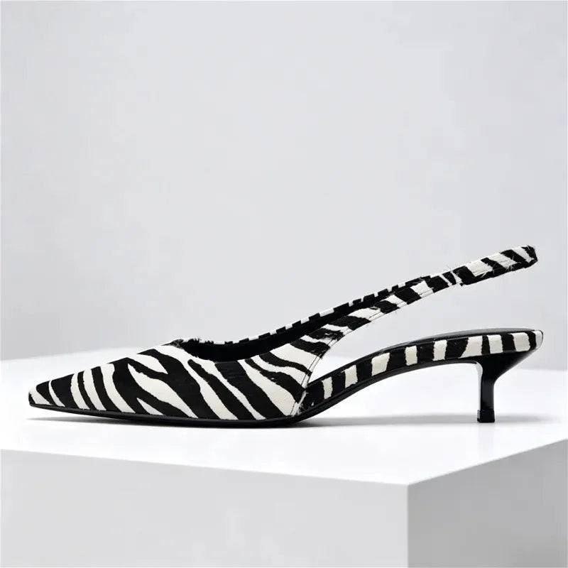 Elegant Zebra Print Design Kitten Heel Pumps Women Sexy Pointed Toe Slingbacks High Heels for Ladies Comfortable Designer Shoes