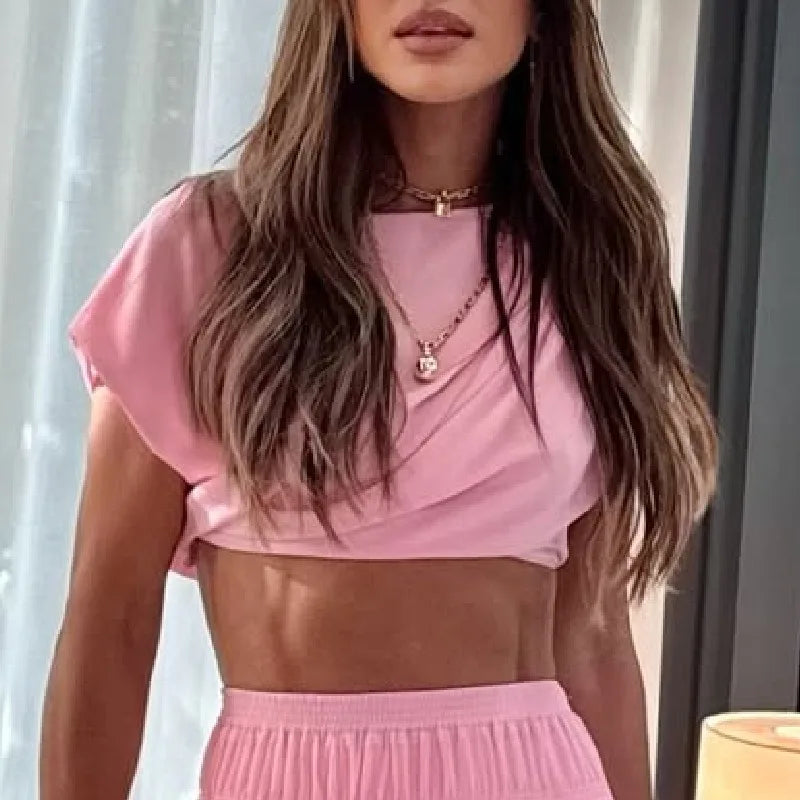 Summer Y2K Chic Pink Crop Top High Waist Layerred Ruffle Maxi Skirt with Shorts Set Outfits Elegant Women Skirt 3 Piece Set