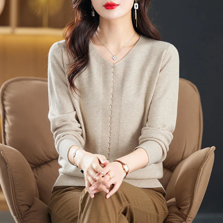 New V Neck Long Sleeve Top For Women Knitted Autumn Winter Sweater For Woman Elegant Style Knitwear Woolen Female Clothing