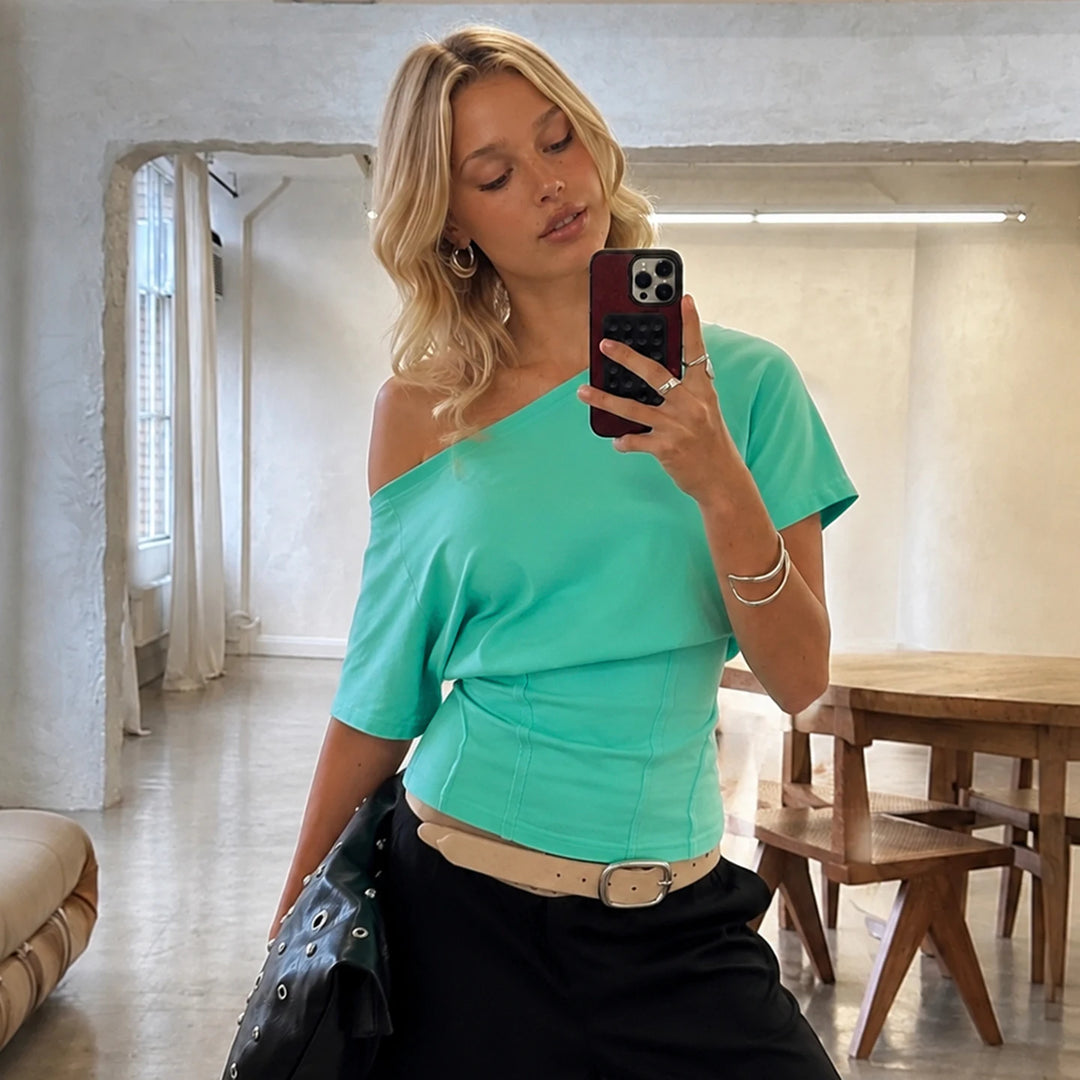 Women’s Off-Shoulder Short Sleeve T-Shirt Casual Slim Fit Summer Top Elegant Solid Color Clothes Fashion Stylish Daily Wear Tee