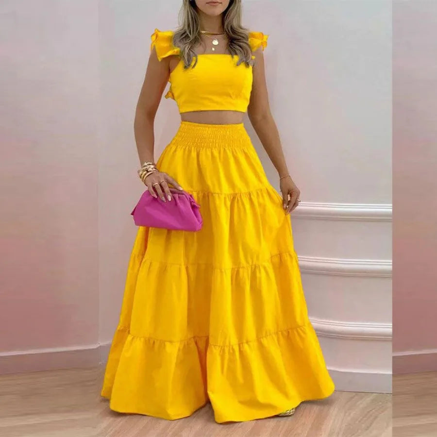 Two Piece Skirt Sets Women Print Dot Ruffles A Line Long Skirts High Waist Casual Half Sleeve Tops Suits Elegant Lady 2024