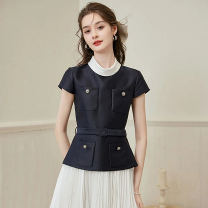 LOUISYAO Elegant Pleated Midi Dress 2026 Spring Short Sleeve Slim Fit Premium Chic Long Dress for Women