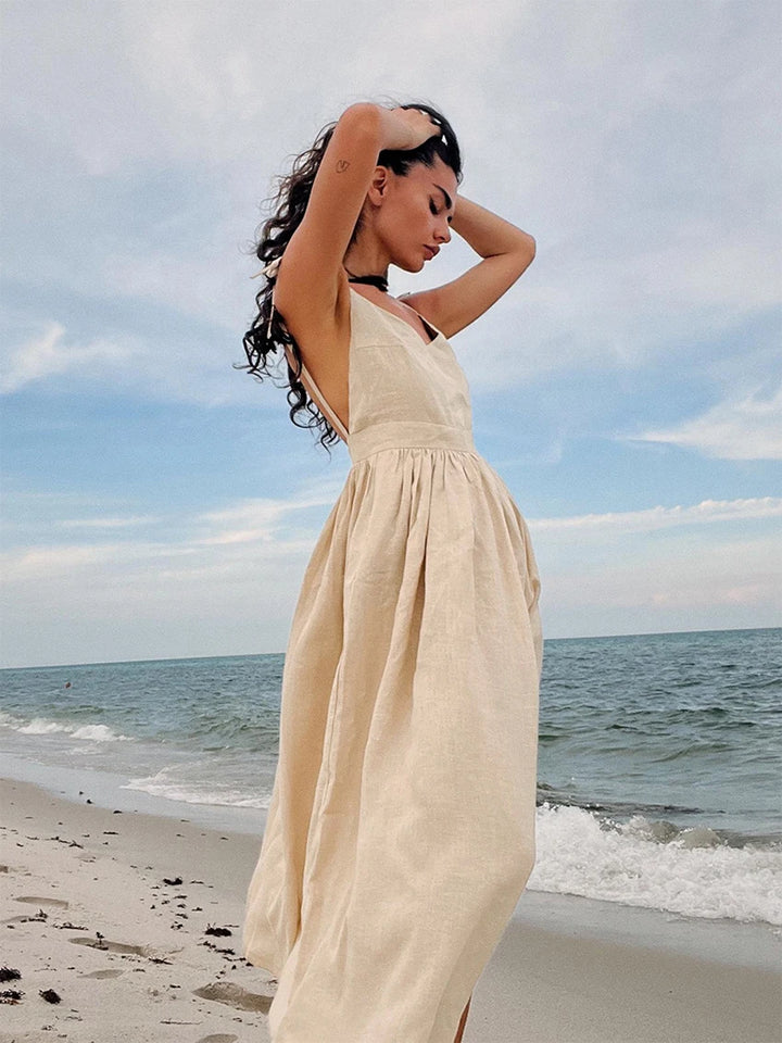 WXOY Cotton Backless Maxi Dress French Style Spaghetti Strap Solid Color Elegant Holiday Sleeveless Sundress Vacation Outfit