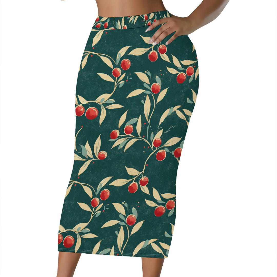 Floral Print Pencil Skirt, Red Berry Leaf Pattern Midi Skirt, High Waist Bodycon Skirt for Women Office Party Wear S-2XL