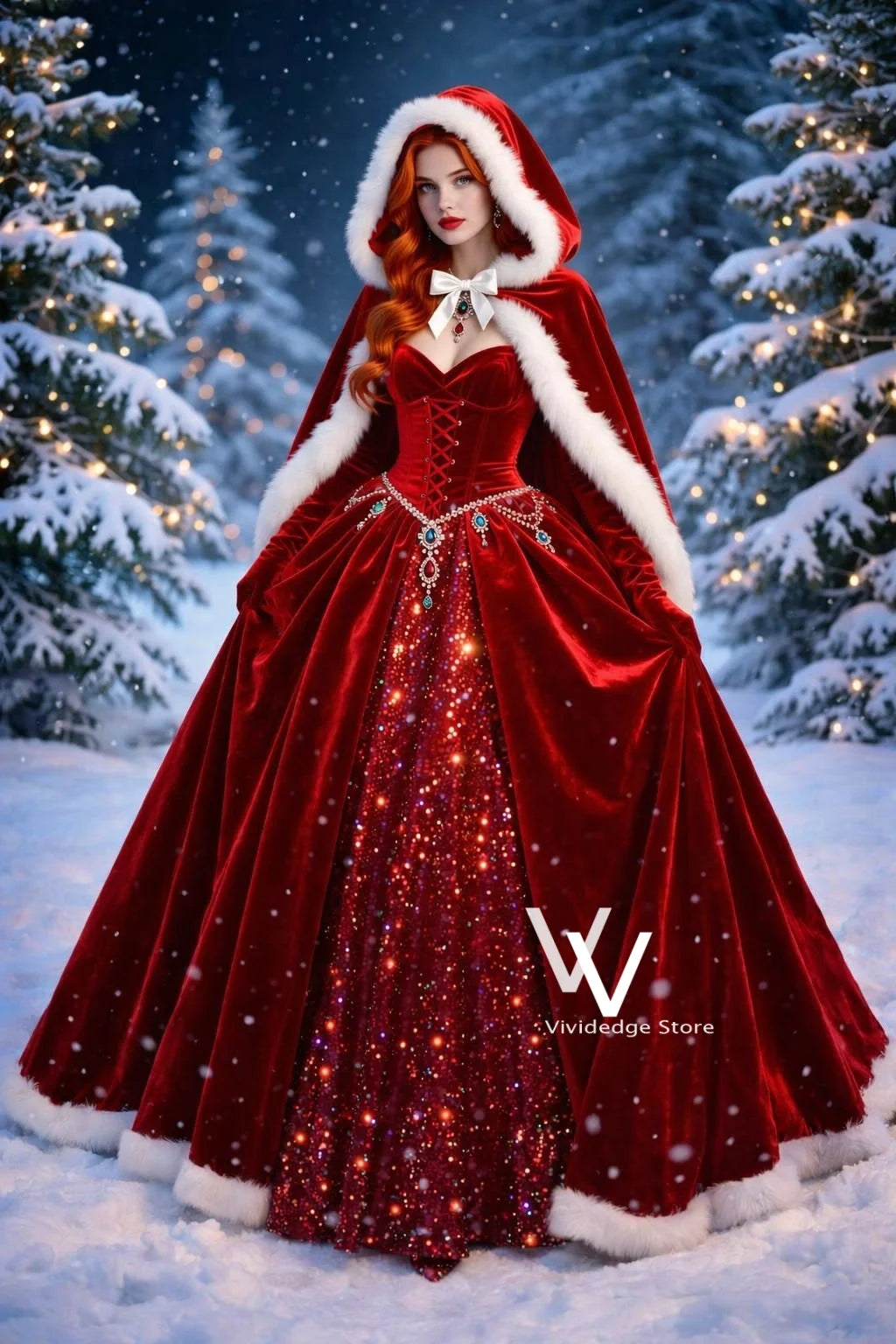 Luxury Santa Red Velvet Evening Dress Hood Fur Cloak Corset Lace‑Up Sparkly A‑Line Long Dress Christmas Prom Dress Customized