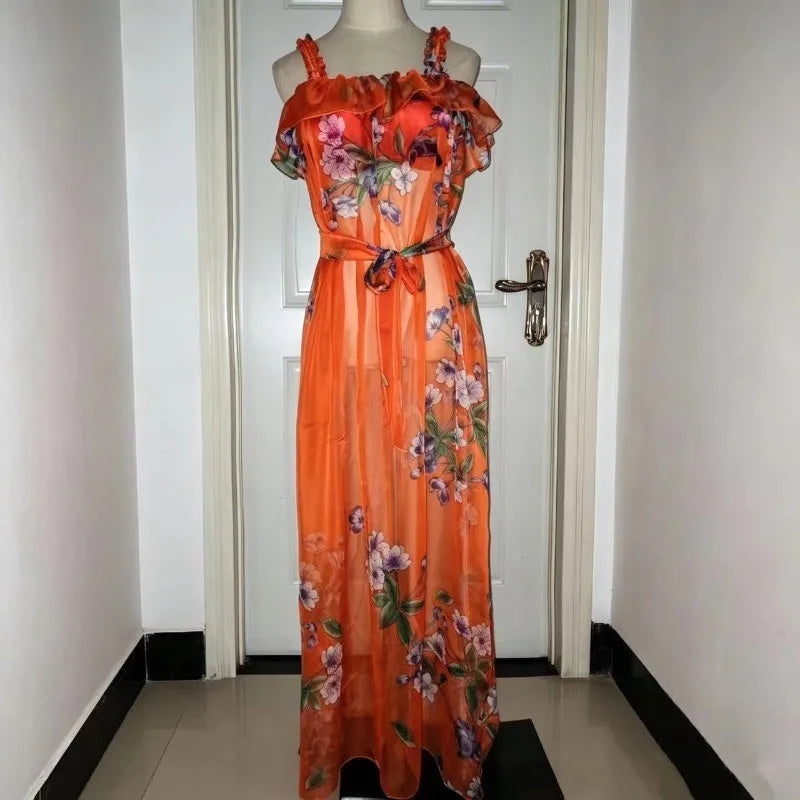 Sexy See-through Ruffle Strap Maxi Dress New Ultra-thin Soft Loose Long Skirt Gown Nightclub Festvial Evening Party Dress