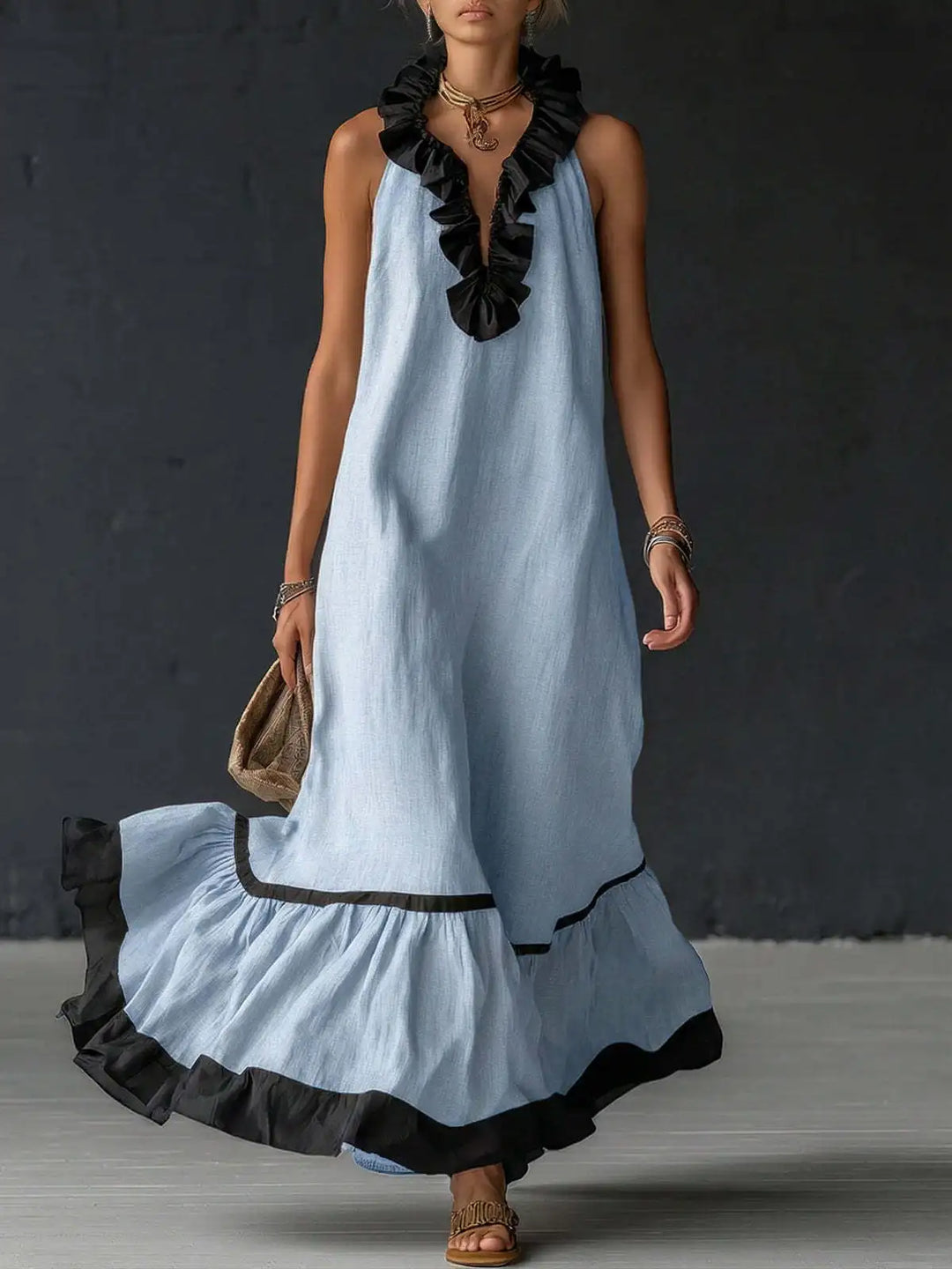 Fashion Patchwork Maxi Dress for Woman V Neck Stringy Selvedge Ruffle Flowy Long Dresses 2026 Summer Beach Vacation Sundress