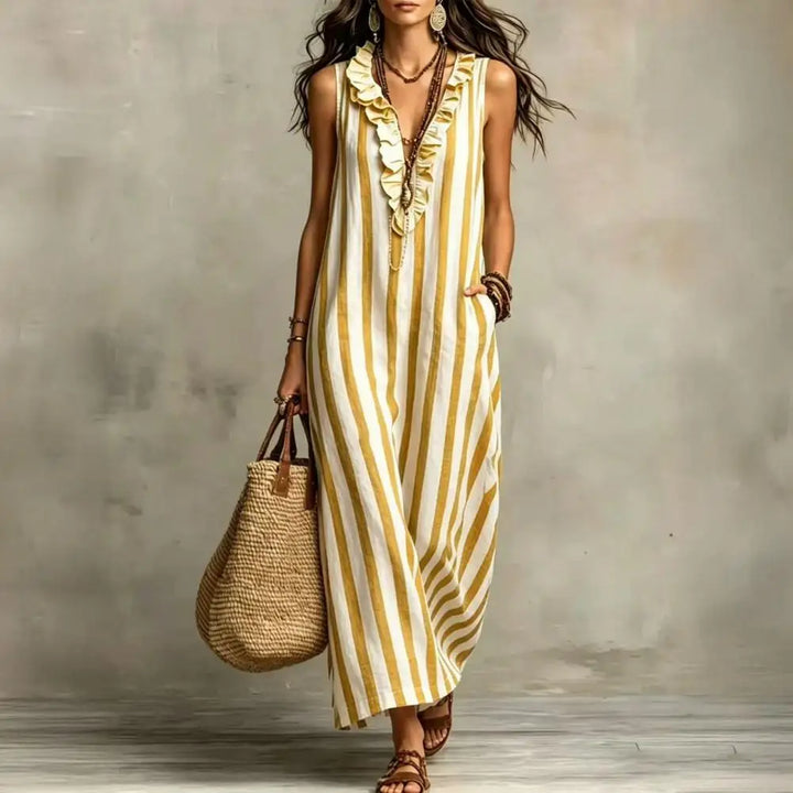 Women Striped Cotton Linen Maxi Dress Sleeveless Ruffle V Neck Long Dress Boho Beach Flowy Sundress with Pockets Elegant Women D