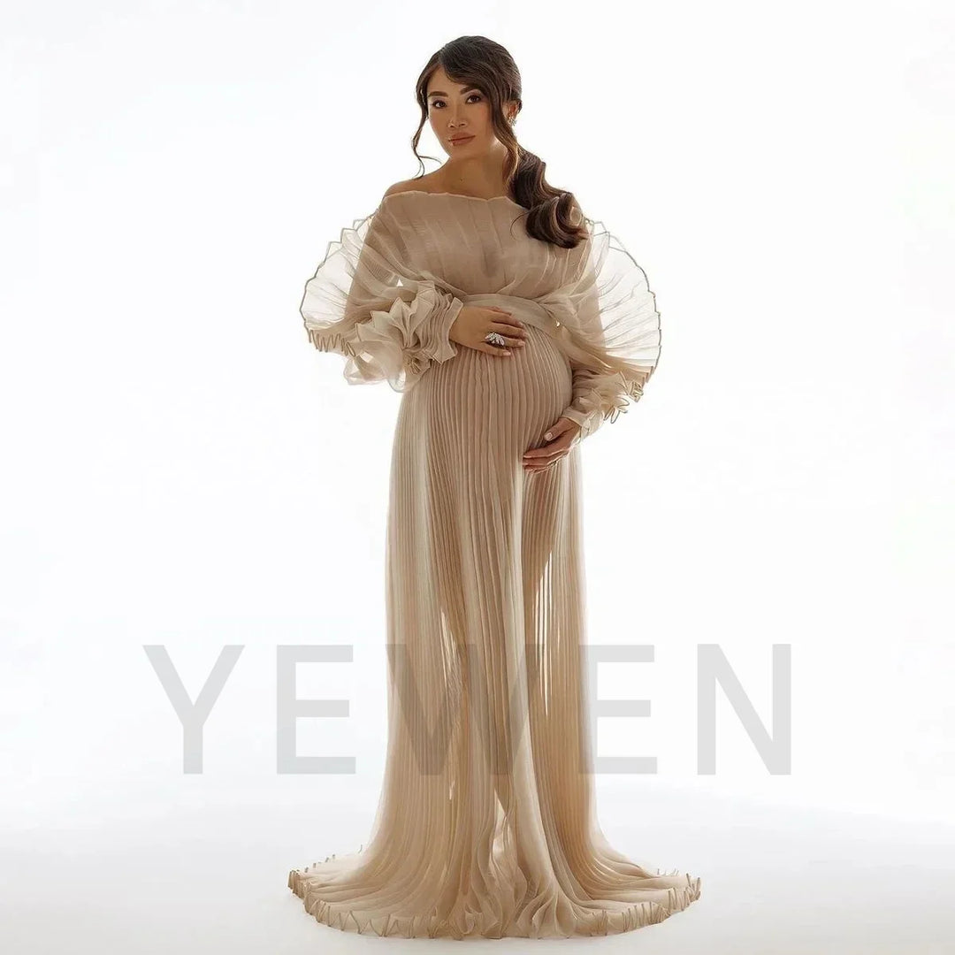 2026 New Off White Pleated Maxi Dresses for Photoshoot Maternity Photoshoot Dress Formal Evening Gown Baby Shower Dress YEWEN