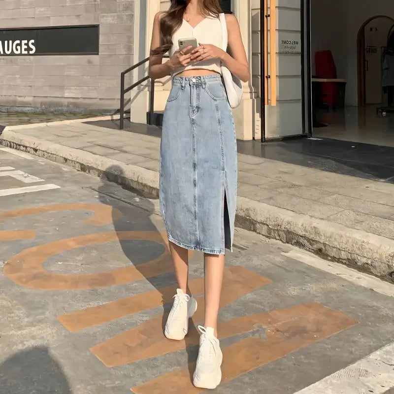 Female Jeans Skirts Midi Blue High Waist With Slit Women&
