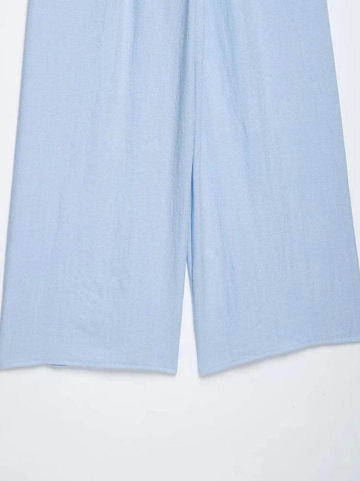 Women Light Blue 2-Piece Set Lapel Zipper Short Sleeve Cropped Shirt + Elastic Waist Wide Leg Pants Casual Office Lady Suit