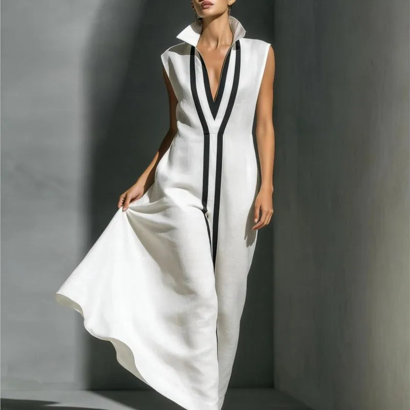 Fashion Colourblock Maxi Dress Women Casual V-neck Sleeveless Loose Dresses Summer Elegant Party Beach Dress Street Vestidos