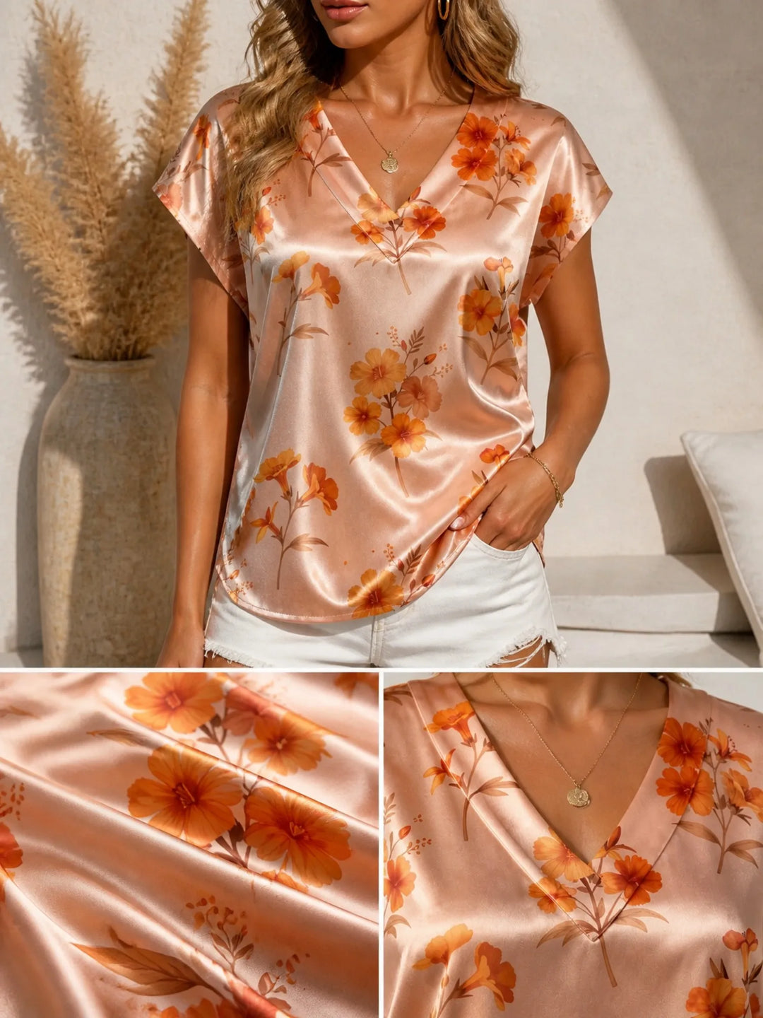 Floral Satin V Neck Top for Women Cap Sleeve Easy Draped Fit Silky Casual Summer Resort Wear Lightweight Breathable Weekend Glam