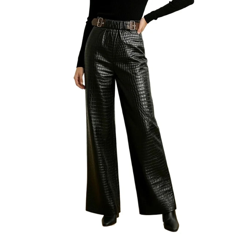 UOOZEE 2026 New Trendy Crocodile Printed Faux Leather Black Pants for Women Wide Leg High Waisted Buckle Belt Palazzo Trousers
