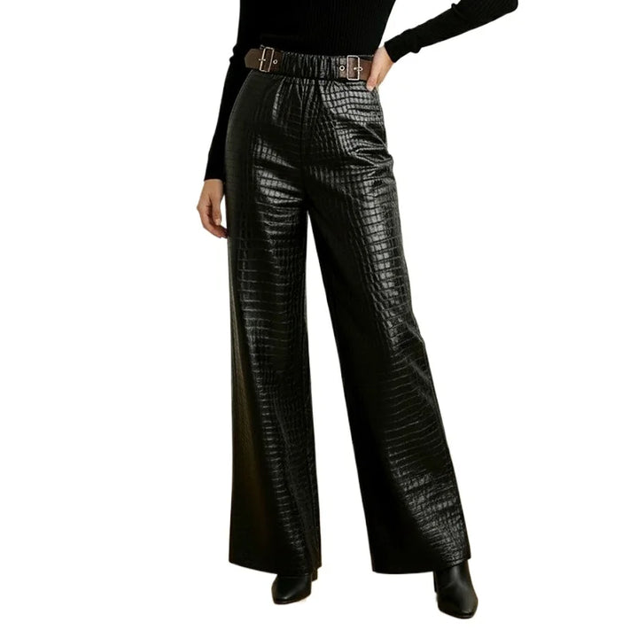 UOOZEE 2026 New Trendy Crocodile Printed Faux Leather Black Pants for Women Wide Leg High Waisted Buckle Belt Palazzo Trousers