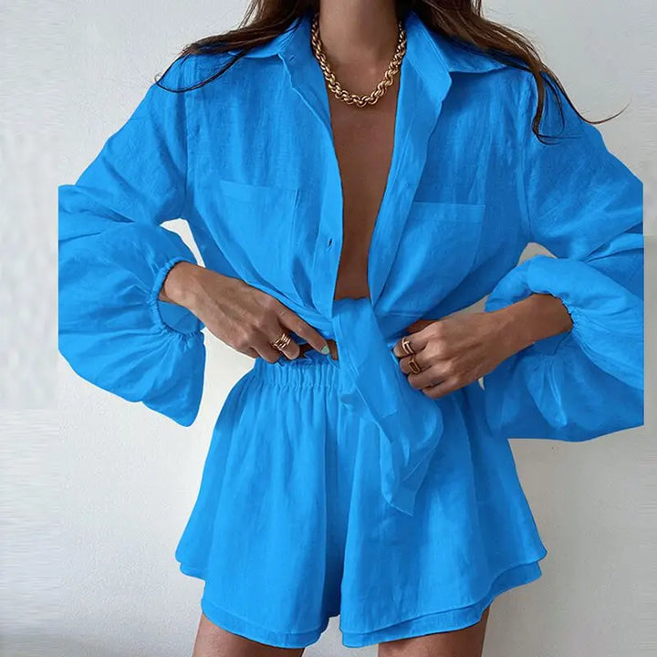 Women Casual Shirt Shorts Two Piece Summer New Fashion Personality Long Sleeved Shirt Loose Shorts Lady Simple Solid Color Suit
