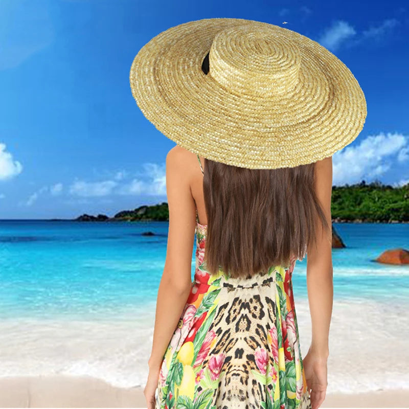 Wide Brim Straw Hat For Women Long Ribbon Ladies Beach Hat Summer Sun Visor Cap Flat Top Large Brim Tie Straw Straw Hat