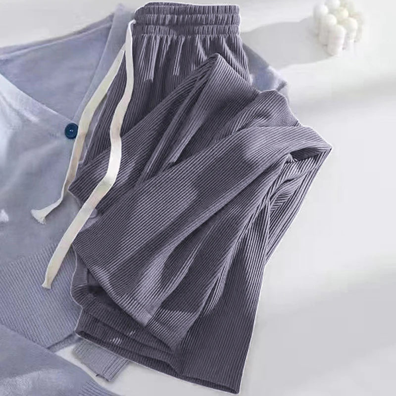 Women High Stretch Waist Wide Leg Pants Summer Drawstring Loose Long Rib Knitted Trousers