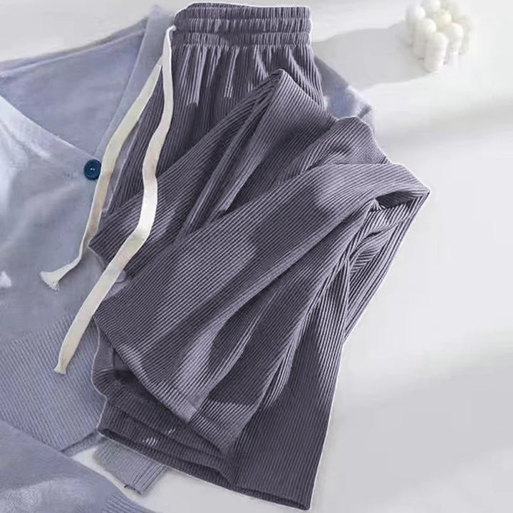 Women High Stretch Waist Wide Leg Pants Summer Drawstring Loose Long Rib Knitted Trousers