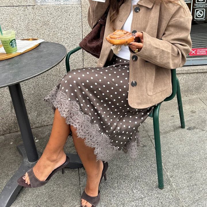 Women Vintage Elegant Lace Satin Spliced Midi Skirts Sexy Dots Print High Waist Retro Casual Straight Midi Skirts Streetwear
