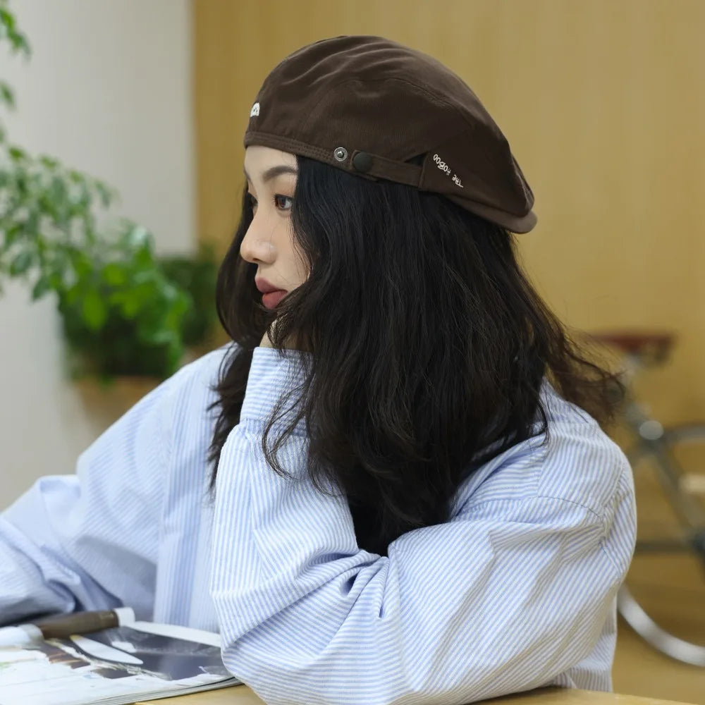 Adjustable Pure Color Newsboy Flat Cap British Style Artist Embroider Letter Hat Casual Fashion Retro Painter Hat Streetwear