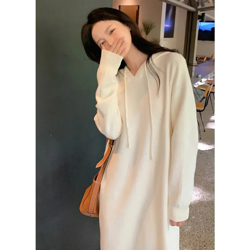 Women Hooded Knit Sweater Dress Long Sleeve Loose Slim Midi Dress Inner Wear For Overcoat Casual Knitwear