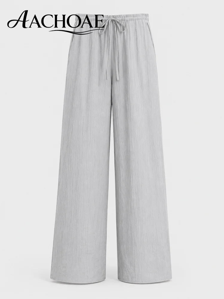 Women Linen Wide Leg Pants Summer Beach Long Pants Casual Drawstring Loose Beach Trousers