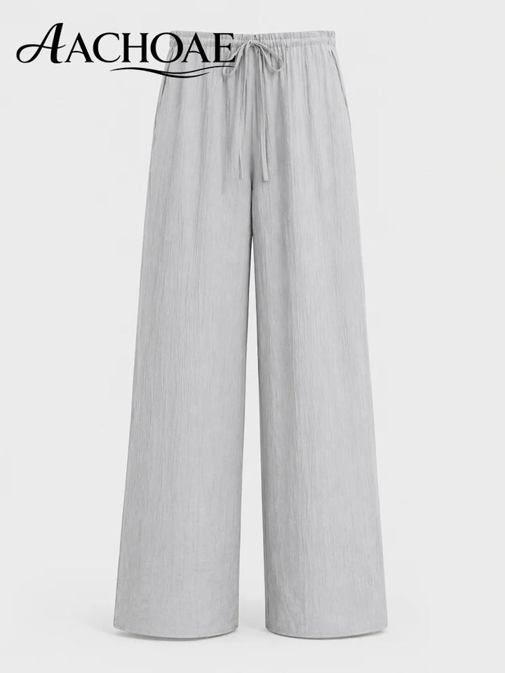 Women Linen Wide Leg Pants Summer Beach Long Pants Casual Drawstring Loose Beach Trousers