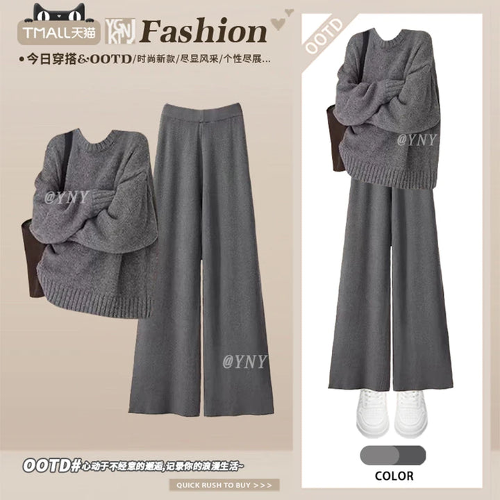 Loose Knitted Sweater And Wide Leg Pants Two Piece Set for Women Autumn Winter Comfortable Style plus Size Retro Casual Outfit