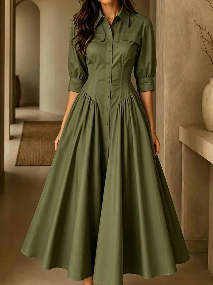 Elegant Women Solid Maxi Dress Single-Breasted Turn-Down Collar Autumn Party Dress Holiday Simple Button Patchwork Casual Dress