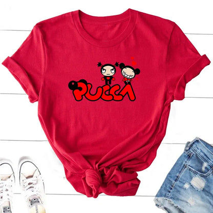 Pucca Love Garu T-shirts Women Funny Cute Cartoon T Shirts 90s Streetwear Cotton Short Sleeve Graphic Tees Kawaii Clothes