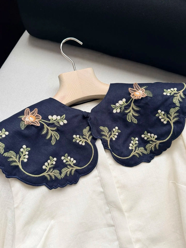 Women 100% Linen 2 Piece Set Heavy Embroidery Detachable Collar Lantern Sleeve Shirt tops &amp; High Waist Casual Shorts