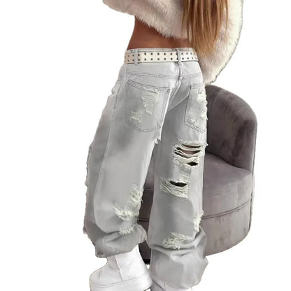 Women Jeans Pants American High Street Ripped Straight Wide-Leg Jeans For Women Design Tie-Dye Jazz Dance Cargo Full Thin Jeans